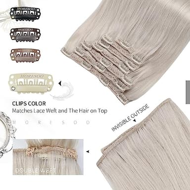 Moresoo Hair Extensions Clip ins White Blonde Real Hair Clip in Extensions Human Hair Double Weft Clip in Human Hair Extensions Full Head #60A 7Pieces/120Grams 24inch - Image 4