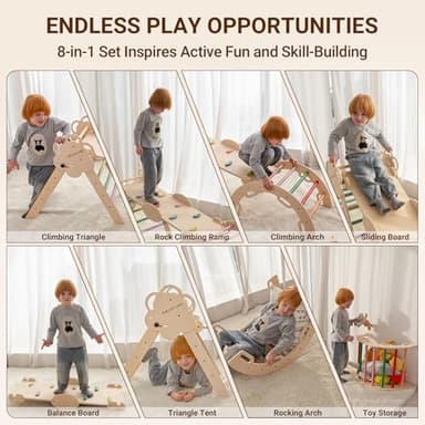 COSYLAND Pikler Triangle Set - 8 in 1 Large Montessori Climbing Toys for Indoor - Wooden Foldable Jungle Gym for Toddler & Baby, CPC/SOR/CE Certified Enjoys Unique Patented Design, Rainbow - Image 2