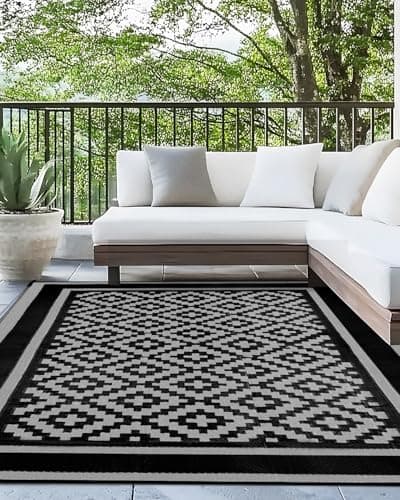 Kohree RV Outdoor Rug 9x12 Reversible, Waterproof Patio Mat with 4 Stakes & UV Fade Resistant, Non-Slip Outdoor Camping Mat for Deck, Picnic, Backyard, Includes Carry Bag (Black & Gray) - Image 1