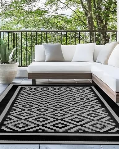 Kohree RV Outdoor Rug 9x12 Reversible, Waterproof Patio Mat with 4 Stakes & UV Fade Resistant, Non-Slip Outdoor Camping Mat for Deck, Picnic, Backyard, Includes Carry Bag (Black & Gray) - Image 1