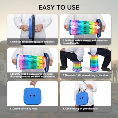 Guioiby Upgraded Collapsible Stool, Portable Folding Stool, Telescoping Camping Chair with Max Load Capacity 485lbs, Square Retractable Stool for Camping Gardening Fishing Hiking BBQ [Rainbow+Blue] - Image 7