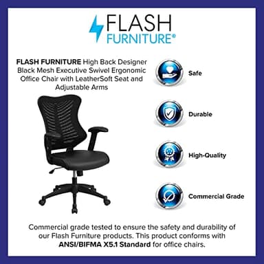 Flash Furniture Kale High Back Designer Black Mesh Executive Swivel Ergonomic Office Chair with LeatherSoft Seat and Adjustable Arms - Image 4