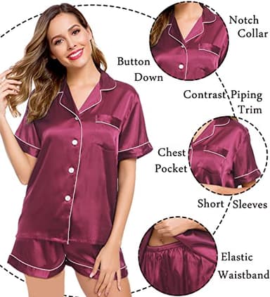 LecGee Womens Silk Satin Pajamas Short Sleeve Loungewear Two-Piece Sleepwear Button-Down Pj Set - Image 5
