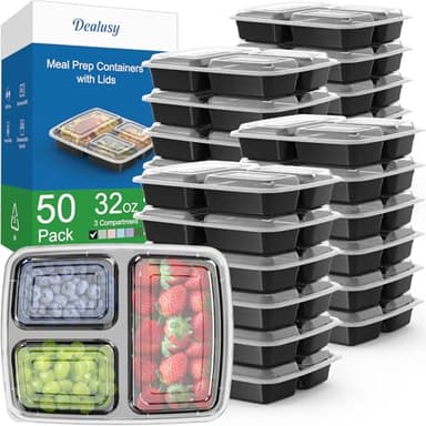 50 Pack (100-Piece) 32 oz Meal Prep Containers Reusable with Lids 3-Compartment, To Go Take Out Plastic Food Storage Containers, Sturdy Leakproof Food Safe, Microwave Freezer Dishwasher Safe, Black - Image 1