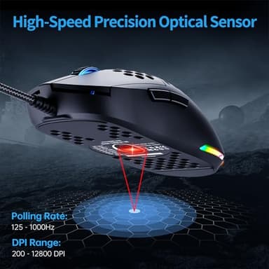 TMKB Falcon M1SE Ultralight Honeycomb Gaming Mouse, High-Precision 12800DPI Optical Sensor, 6 Programmable Buttons, Customizable RGB, Drag-Free Paracord, Ergonomic Wired Gaming Mouse - Matte Black - Image 2