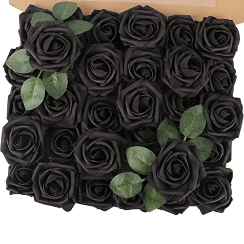 MACTING Artificial Black Rose Flowers 30PCS Real Touch Fake Flowers with Stem Foam Roses for DIY Wedding Bouquet Gifts Table Centerpieces Party Bridal Shower Home Gothic Halloween Decor - Image 1
