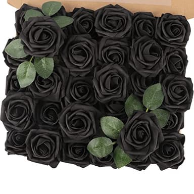 MACTING Artificial Black Rose Flowers 30PCS Real Touch Fake Flowers with Stem Foam Roses for DIY Wedding Bouquet Gifts Table Centerpieces Party Bridal Shower Home Gothic Halloween Decor - Image 1