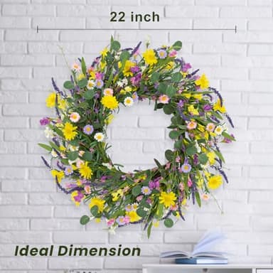 LLZLL Spring Wreath 22" Spring Wreaths for Front Door Artificial Summer Wreath with Eucalyptus Leaf Lavender Daisy for Indoor Outdoor Home Decor Festival Celebrations - Image 4