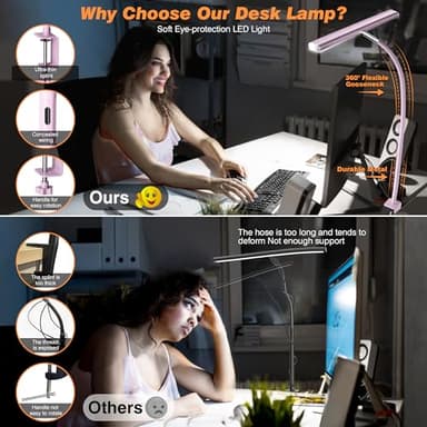 Airlonv LED Desk Lamp for Office Home, Eye-Caring Desk Light with Stepless Dimming Adjustable Flexible Gooseneck, 10W USB Adapter Desk Lamp with Clamp for Reading, Study, Workbench (Pink) - Image 4