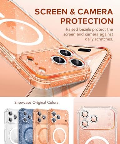 BERFY for iPhone 17 Pro Case for Women, Compatible with MagSafe, Clear Glitter Shockproof Protective Case, Anti-Yellowing, with Screen Protector & 3 Diamond Camera Lens Covers 6.3", Sparkle Clear - Image 3