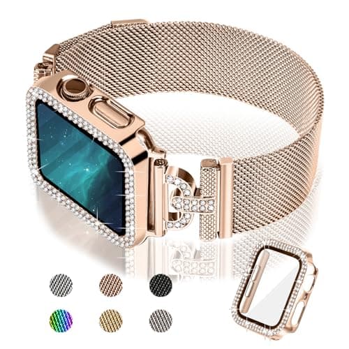 Joyozy Magnetic Band Compatible with Apple Watch Band 38mm 40mm 41mm 42mm 44mm 45mm 46mm Milanese Strap with Bling Glitter Case and Screen Protector Dressy Stainless Steel iWatch Loop for Women (Rose Gold 42mm) - Image 1