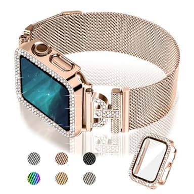 Joyozy Magnetic Band Compatible with Apple Watch Band 38mm 40mm 41mm 42mm 44mm 45mm 46mm Milanese Strap with Bling Glitter Case and Screen Protector Dressy Stainless Steel iWatch Loop for Women (Rose Gold 42mm) - Image 1