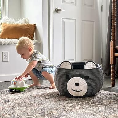 CherryNow Cotton Rope Baby Cute Storage Basket for Organizing, Toy Woven Rope Bear Basket for Kids, Empty Gift Baskets with Handles, Grey, 15.7" D x 10.5" H - Image 3