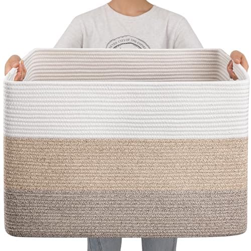 OIAHOMY 108L Super Large Blanket Basket, 25”x16”x16”(108L) Rectangle Woven Baskets for Storage, Cotton Rope Basket For Living Room, Toy Storage with Handle- Gradient Brown - Image 1
