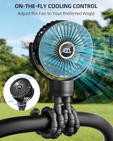Portable Stroller Mini Fan, Small Rechargeable Personal Fan, Baby Travel Essentials for Wagon, Car Seat, Treadmill, Battery Powered Biking Gear Accessories, 360° Rotation, 3-Speed, Display, Black - Image 2