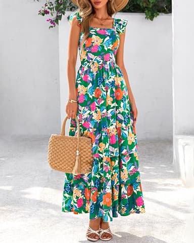 dowerme Summer Dresses for Women 2025 Casual Ruffle Smocked Tiered A-Line Boho Floral Maxi Beach Sun Dress with Pockets(Green Orange Flower,Large) - Image 7