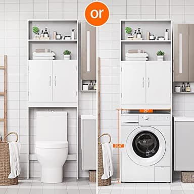 Yaheetech Over The Toilet Storage, Taller Bathroom Organizer Space-Saving Storage Cabinet with Adjustable Shelves and Double Doors, 77 in H, White - Image 4