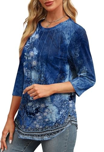 XIEERDUO 3/4 Length Sleeve Womens Tops 2025 Trendy Pleated Tunic Tops for Women Loose Fit Dressy Blue Printed L - Image 3