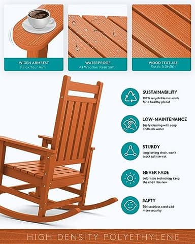 SERWALL Outdoor Rocking Chair Set for Porch (Chair Set of 2, Light Orange) - Image 4