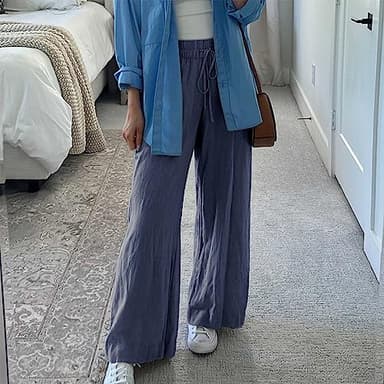 Duyang Womens Cotton Linen Palazzo Pants Drawstring Elastic Waist Casual Wide Leg Trousers with Pockets(Blue,M) - Image 3