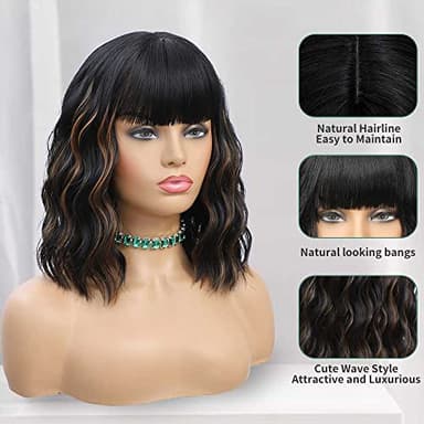 Black Mixed Brown Highlights Wigs for Black Women Short Wavy Curly Wig With Bangs Natural Looking Synthetic Hair Wigs Heat Resistant Fiber Wig for Daily Party - Image 2