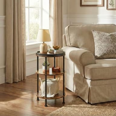 Small Round Side Table with Tray Top (Patented Design), 11.8" Narrow End Table for Small Spaces, 3-Tier Industrial Nightstand, Original Rustic Accent Furniture for Living Room Bedroom, Rustic Brown - Image 3
