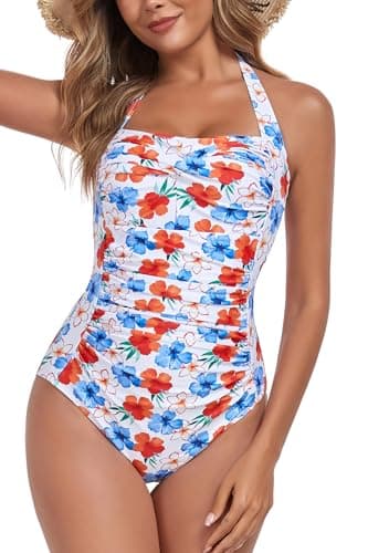Smismivo Tummy Control Swimsuit Halter One Piece Slimming Vintage Retro Plus Size Bathing Suit Womens Ruched Push Up Swimwear for Teen White Floral S - Image 4