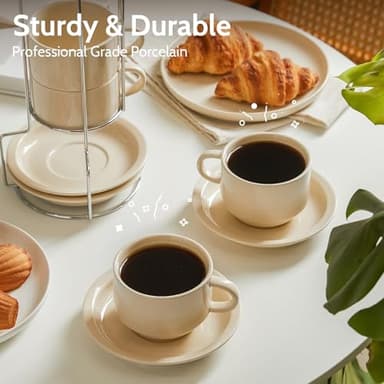 Sweese Porcelain Espresso Cups Set, 2.5 oz, Stackable with Saucers Metal Stand, Beige, 4 Pack - Image 5