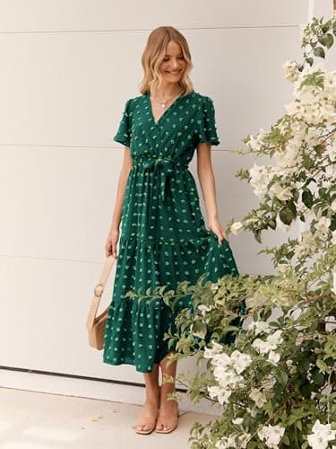 MASCOMODA Womens Boho Swiss Dot Maxi Dresses Wrap V Neck Flutter Short Sleeve Solid Tie Belt A Line Tiered Flowy Long Dress(Dark Green,Small) - Image 4