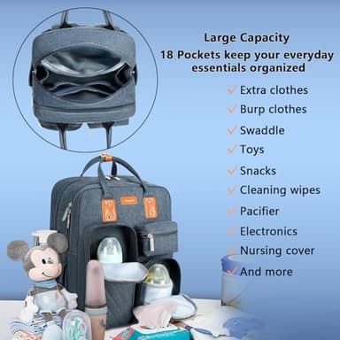Diaper Bag Backpack, Large Capacity Baby Diaper Backpack with Tons of Pockets, Built-in Stroller Straps, Multi function Waterproof Diaper Bag（Bluish grey） - Image 2