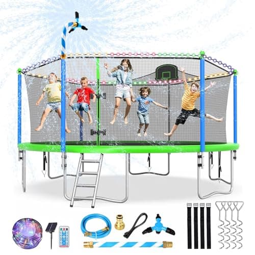 Lyromix Upgraded 16FT Trampoline with Lights, Large Outdoor Trampoline with Sprinkler,Basketball Hoop and Net, Capacity for 5-8 Kids and Adults, Teal Blue - Image 1