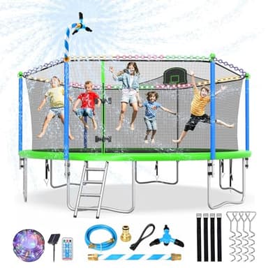 Lyromix Upgraded 16FT Trampoline with Lights, Large Outdoor Trampoline with Sprinkler,Basketball Hoop and Net, Capacity for 5-8 Kids and Adults, Teal Blue - Image 1