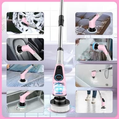 Electric Spin Scrubber, Cordless Cleaning Brush, Shower Scrubber with 8 Replaceable Brush Head, Power Cleaning Brush with Extension Handle, 2 Adjustable Speed, for Bathtub Tile Floor (Pink) - Image 6
