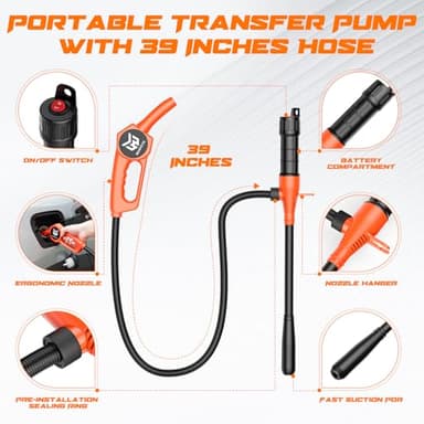 MANPICTE Portable Fuel Transfer Pump, Battery Powered Siphon Pump for Gasoline, Fuel, Gas, Diesel, Water Transfer, 2.4 GPM Flow Oil Extractor with Powerful Suction Ergonomic Nozzle 39 Inches Hose - Image 7