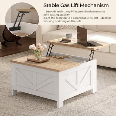 Yaheetech Farmhouse Lift Top Coffee Table with Storage, Square Coffee Table for Living Room, 31.5 Inches Center Tables with Large Hidden Storage Compartment for Home Office, White & Light Oak - Image 6