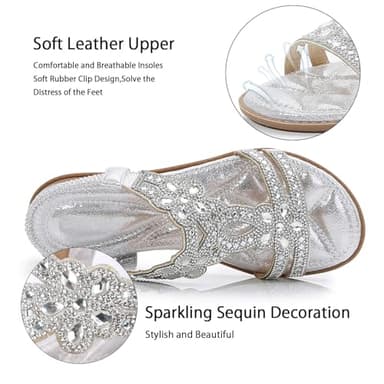 iCKER Women Rhinestone Sandals T-Strap Buckle Bohemian Pearl Crystal Flat Sandals-Sliver 01-8 - Image 2