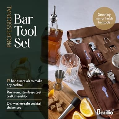 Barillio Bartender Kit Bag with Cocktail Shaker Set - Waxed Canvas, Traveling Bar Tools Bag with 17-Pc Cocktail Kit - Travel Mixology Bartending Kits - Mobile Bar Roll with Strap & Accessories - Image 5