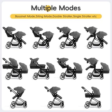MU Double Stroller, Foldable Twin Tandem Stroller with Adjustable Backrest, Reversible Seat, 5-Point Harness, Storage Basket, Convertible Baby Bassinet for Infant and Toddler, Gray - Image 4