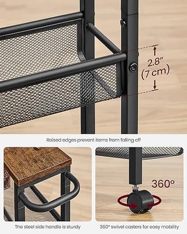 VASAGLE Slim Rolling Cart, 5-Tier Storage Cart, Narrow Carts with Handle, 5.1 Inches Deep, Metal Frame, for Kitchen, Dining Room, Living Room, Home Office, Rustic Brown and Classic Black ULRC034B01 - Image 7
