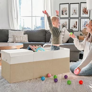 INDRESSME 185L Extra Large Toy Box, Toy Storage Organizer Collapsible Storage Bins with Lids Toy Chest for Playroom, Living Room, Toy Baskets Storage Kids, Boys Girls 39" x 17" x 17" (Beige & White) - Image 3