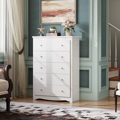 WLIVE White 5 Drawer Wood Dresser, Wooden Chest of Drawers for Bedroom, Storage Cabinet and Organizer Drawers for Living Room, Hallway, Closet, Measuring 15.75" W*31.50" D*45.35" H - Image 2