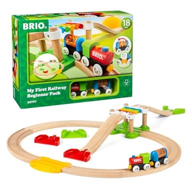 BRIO My First Railway Beginner Pack - 18-Piece FSC-Certified Wood Train Set - Compatible with All BRIO Sets - Includes Rainbow Bridge & Rattle Wagon - Safe Play - Toddlers Ages 18 Months & Older - Image 1
