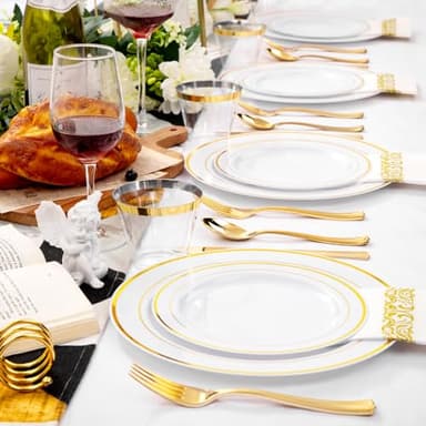 bUCLA 350PCS Gold Plastic Dinnerware Set - Gold Disposable Dinnerware for 50 Guests, Includes 50 Dinner Plates, 50 Dessert Plates, 50 Forks, 50 Knives, 50 Spoons, 50 Cups & 50 Napkins for Party - Image 6