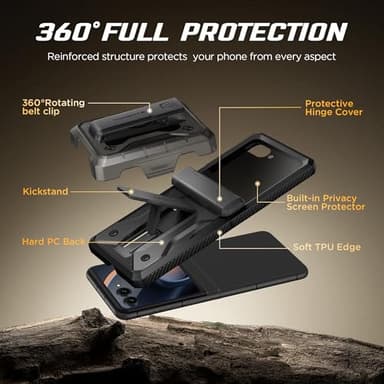 TONGATE for Motorola Razr 2025/Razr 2024 Case with Privacy Screen Protector, [Stand & Belt-Clip] [Hinge Protection Cover] [Anti-Slip], Full-Body Military Grade Protective Phone Case, Black - Image 4