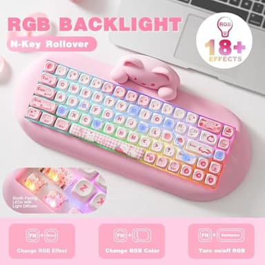 YUNZII C68 Wireless Mechanical Keyboard,65% Layout,Hot Swap,Triple Mode BT5.0/2.4G/Wired, RGB Backlit NKRO,Cute Cat Silicone Ergonomic Design for Win/Mac (Pink, Milk Switch) - Image 4