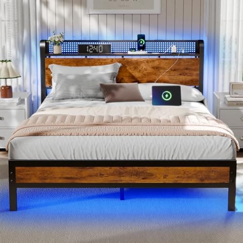 Furnulem Full Bed Frame with LED Lights,Industrial Storage Headboard with Charging Station,USB Port,Under Bed Storage,Wood Platform with Strong Metal Support,No Box Spring Needed, Silent - Image 1