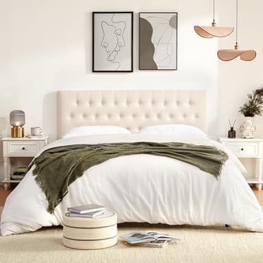 Huatean Home Tufted Upholstered Headboard Queen Size, Solid Wood Head Board with Durable Metal Legs, Adjustable Height Bed headboard from 37” to 51” Fabric Headboard in Modern Button Design, Beige - Image 3