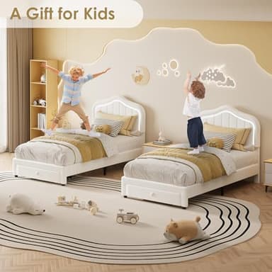 GarveeHome Twin Upholstered Bed Frame with Storage Drawer and Smart Led Headboard, Twin Size Platform Bed Frames for Kids, Wooden Slats Support, No Box Spring Needed, Easy Assembly, White - Image 7