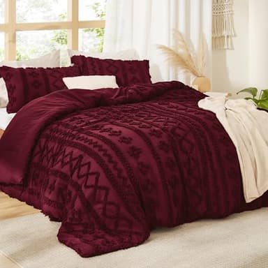 Bedsure Tufted Boho Comforter Set Full Size - Dark Red Boho Bed Set, GentleSoft™ 3 Pieces Farmhouse Shabby Chic Embroidery Bedding, Gifts for Woman, Soft Jacquard Full Comforter for All Seasons - Image 2