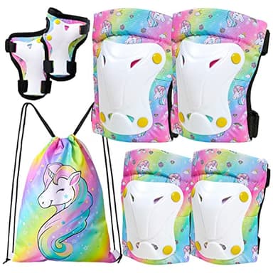 FIODAY Knee Pads for Kids Unicorn Knee Elbow Pads Wrist Guards with Drawstring Bag Adjustable Protective Gear Set for Girls Boys Inline Skating Bike Cycling Skateboard Scooter, 3-8 Years, Rainbow - Image 1
